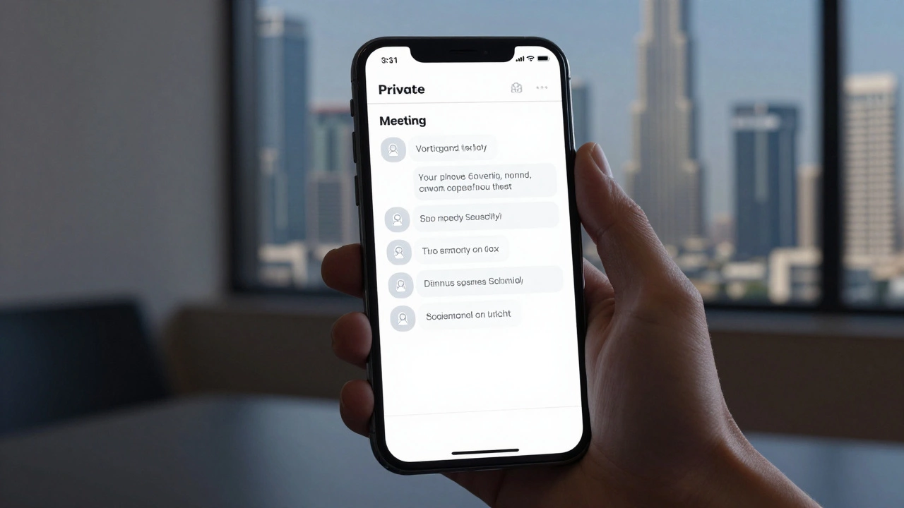 A hand holds a smartphone displaying professional text messages about a private meeting arrangement.