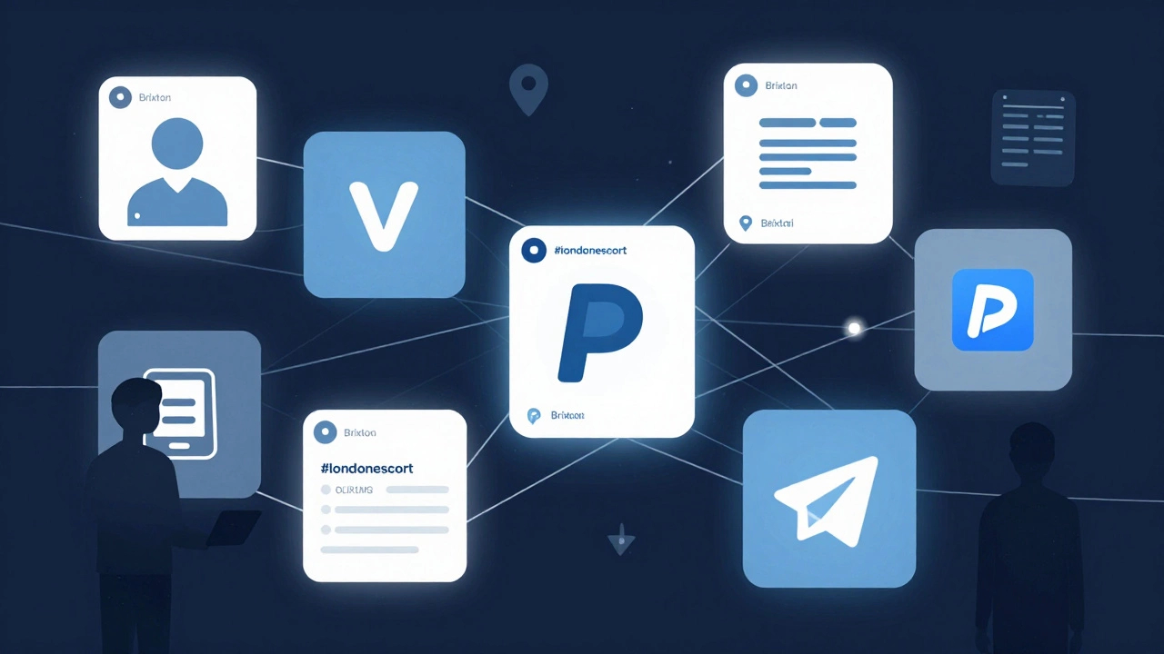 Digital marketplace of hidden Instagram posts and messaging apps, with abstract silhouettes representing workers and clients.