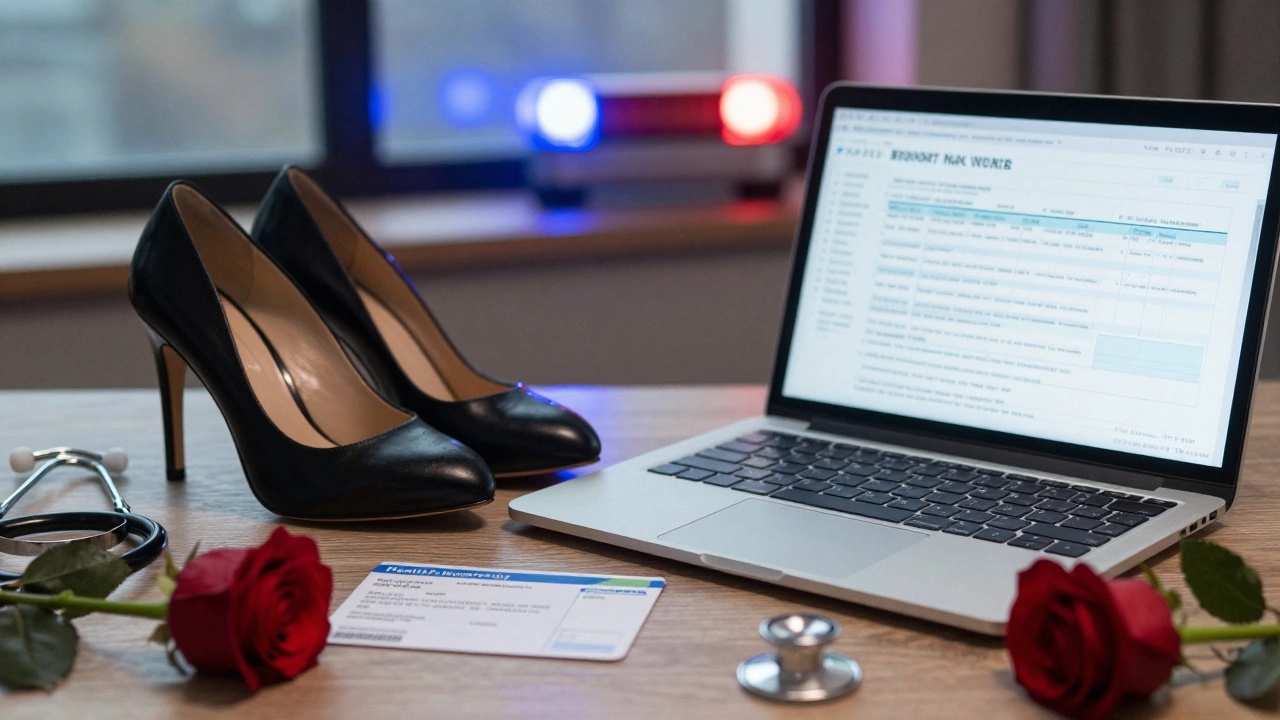 High heels and laptop beside tax documents and health insurance, red rose on desk, police siren faintly visible in background.